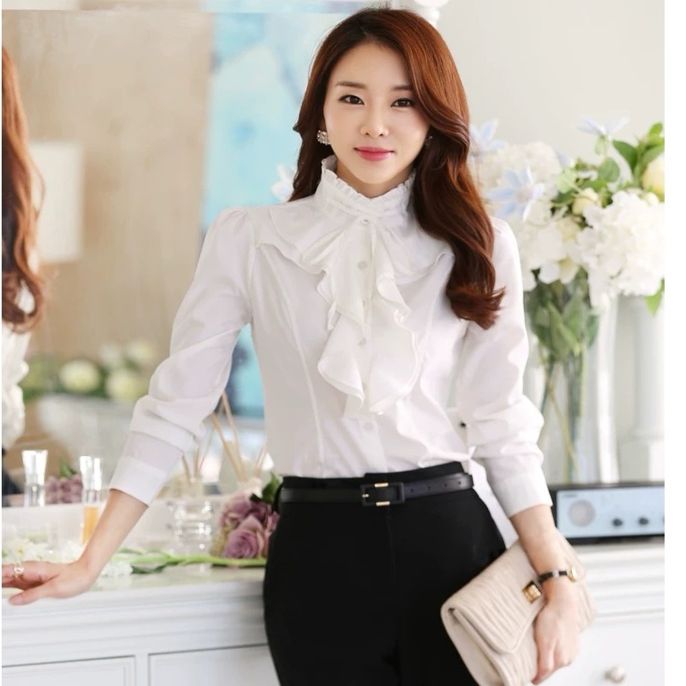Ruffle White Blouse with Jewel Button Size M